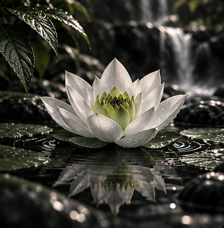 Hvid lotus ved et vandfald